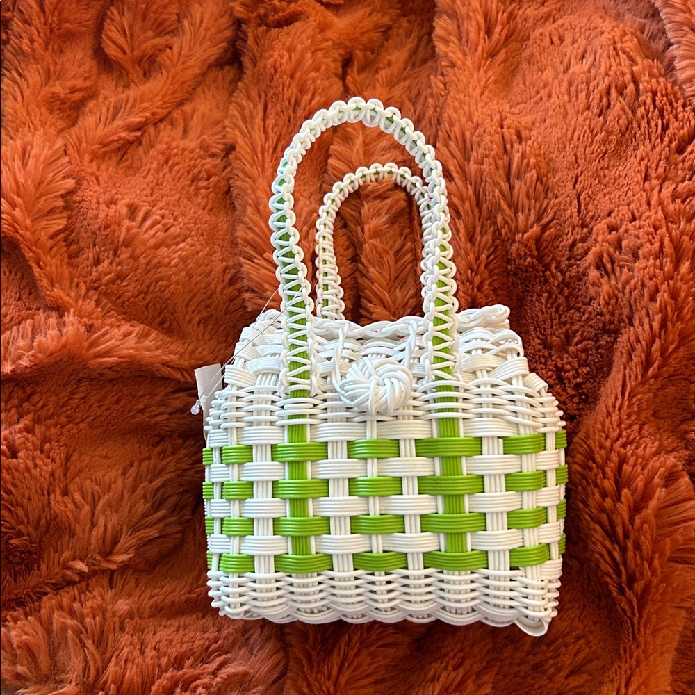 Stylish White and Green Woven Tote Bag